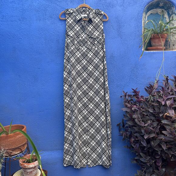 equipment 100% silk plaid button front sleeveless maxi dress